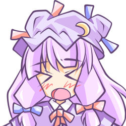 Rule 34 | &gt; &lt;, 1girl, artist request, bow, braid, chibi, crescent hat ornament, closed eyes, female focus, hat, hat ornament, long hair, patchouli knowledge, pink bow, purple eyes, purple hair, solo, touhou
