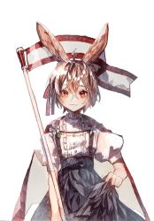 Rule 34 | 1girl, ahoge, animal ears, black skirt, brown hair, cape, center frills, closed mouth, commentary request, cowboy shot, crossed bangs, flag, flower, frills, hair between eyes, hair ornament, hair ribbon, hairclip, highres, holding, holding flag, iwai ku tsuki, looking at viewer, making-of available, mixed media, original, puffy short sleeves, puffy sleeves, red cape, red eyes, red ribbon, ribbon, shirt, short hair, short sleeves, simple background, skirt, skirt hold, smile, solo, straight-on, suspender skirt, suspenders, traditional media, white background, white cape, white shirt, x hair ornament