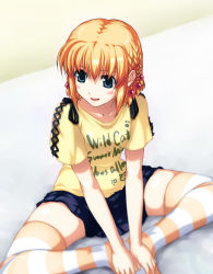 Rule 34 | 1girl, blonde hair, blue eyes, butterfly sitting, hair ornament, hands on feet, kanisawa kinu, puyo (puyotopia), short hair, sitting, skirt, solo, striped clothes, striped thighhighs, thighhighs, topia, tsuyokiss, zettai ryouiki