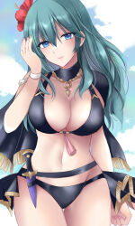 Rule 34 | 1girl, adjusting clothes, aqua hair, bikini, black bikini, black capelet, blue eyes, breasts, byleth (female) (fire emblem), byleth (female) (summer) (fire emblem), byleth (fire emblem), capelet, commentary request, dagger, fire emblem, fire emblem: three houses, fire emblem heroes, flower, hair flower, hair ornament, hibiscus, highres, jewelry, kirishima riona, knife, large breasts, long hair, looking at viewer, navel, necklace, nintendo, official alternate costume, red flower, smile, solo, swimsuit, tassel, upper body, weapon, wristband