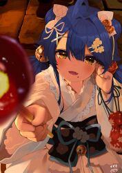 1girl ahoge amamiya_kokoro amamiya_kokoro_(3rd_costume) artist_name bag bell blue_hair blue_sash blurry blurry_foreground blush bow candy_apple double_bun fang flower food frilled_kimono frills gift_bag hair_bell hair_between_eyes hair_bow hair_bun hair_flower hair_ornament hairpin hand_on_own_face heart heart_in_eye highres holding holding_bag japanese_clothes jingle_bell kimono kimono_dress kimono_skirt long_sleeves looking_at_viewer nejime nijisanji obi open_mouth reaching reaching_towards_viewer red_bag sash sash_bow skin_fang smile solo stone_floor symbol_in_eye tucking_hair virtual_youtuber white_bow white_kimono x_hair_ornament yellow_eyes