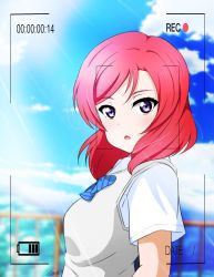 Rule 34 | 1girl, :o, artist name, artist request, blue bow, blue sky, blush, bow, bowtie, cloud, collared shirt, female focus, grey vest, hair between eyes, highres, looking at viewer, love live!, love live! school idol project, nishikino maki, otonokizaka school uniform, outdoors, parted lips, purple eyes, red hair, satou-y, satouyuzuki14, school uniform, shirt, short hair, sky, smile, solo, striped, striped bow, vest, white shirt, yuzuki satou