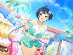 Rule 34 | 1girl, bare hips, bare legs, bare shoulders, beach, blue eyes, blue hair, breasts, censored, cleavage, flower, hair flower, hair ornament, highres, hose, inflatable toy, innertube, japanese clothes, large breasts, legs together, looking at viewer, open mouth, senran kagura, short hair, side-tie swimsuit, sideboob, smile, solo, swim ring, swimsuit, swimsuit skirt, thick thighs, thighs, water, yozakura (senran kagura)