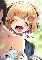 Rule 34 | 1boy, 1girl, ^ ^, aloe (kenkou3733), bare shoulders, black ribbon, blonde hair, closed eyes, commentary request, drooling, closed eyes, fangs, hair ornament, hair ribbon, hairclip, highres, imminent bite, original, ribbon, saliva, short hair, sweat, teeth, tongue, tongue out, two side up, upper body, vampire