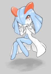 Rule 34 | 1girl, :3, absurdres, alternate color, blue hair, blue skin, blush, closed mouth, colored skin, creatures (company), female focus, flat chest, full body, game freak, gen 3 pokemon, grey background, hands up, happy, highres, index fingers raised, invisible chair, kirlia, light blush, looking at viewer, medium hair, mentaiko jojotarou, multicolored skin, navel, nintendo, one eye closed, pokemon, pokemon (creature), red eyes, shiny pokemon, simple background, sitting, smile, solo, two-tone skin, white skin, wink
