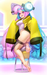 Rule 34 | 1girl, :d, absurdres, ass, barefoot, blue hair, blush, bow-shaped hair, breasts, character hair ornament, creatures (company), feet, game freak, hair between eyes, hair ornament, highres, iono (pokemon), jacket, kairunoburogu, long hair, long sleeves, looking at viewer, medium breasts, multicolored hair, nintendo, no shoes, open clothes, open jacket, open mouth, pink hair, pokemon, pokemon sv, purple eyes, sharp teeth, single thighhigh, sleeves past fingers, sleeves past wrists, smile, soles, solo, split-color hair, stirrup legwear, teeth, thigh strap, thighhighs, toeless legwear, toes, twintails, two-tone hair, very long hair, very long sleeves, wide sleeves, yellow jacket
