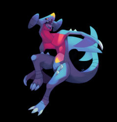 Rule 34 | black background, claws, commentary, creature, creatures (company), english commentary, full body, game freak, garchomp, gen 4 pokemon, highres, nintendo, no humans, pokemon, pokemon (creature), salanchu, sharp teeth, signature, simple background, solo, teeth