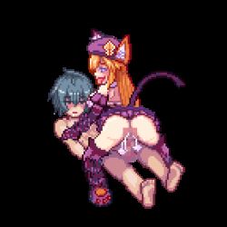 Rule 34 | 1boy, 1girl, animal ears, animal hands, animated, animated gif, assertive female, barefoot, black hair, blue eyes, cat ears, cat girl, cat tail, censored, cheshire cat (monster girl encyclopedia), clothed female nude male, cum, cum in pussy, exet, feet, femdom, from behind, game cg, girl on top, hat, hetero, long hair, lowres, lying, monster girl, monster girl encyclopedia, nude, orange hair, pixel art, sex, short hair, skirt, straddling, tail, tongue, vaginal