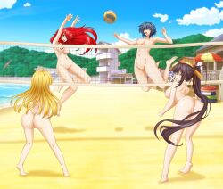 Rule 34 | 4girls, absurdres, asia argento, ass, ball, beach, beach volleyball, completely nude, exhibitionism, high school dxd, highres, himejima akeno, jumping, martinstorm91, multiple girls, nude, nudist, public indecency, pussy, rias gremory, sand, sky, uncensored, volleyball, volleyball (object), volleyball net, xenovia quarta, zenra