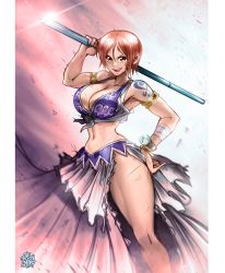 Rule 34 | 1girl, armlet, bikini, bikini top only, bracelet, breasts, highres, jewelry, large breasts, log pose, nami (one piece), official alternate costume, one piece, orange hair, short hair, shoulder tattoo, smile, solo, swimsuit, tattoo, the golden smurf, thighs, toned, torn clothes