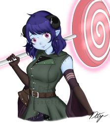 Rule 34 | 1girl, axe, bare shoulders, belt, blue hair, blue skin, breasts, candy, coat, colored skin, critical role, draconety, dungeons &amp; dragons, earrings, elbow gloves, food, gloves, hatchet, hatchet (axe), highres, holding, holding candy, holding food, holding lollipop, holding weapon, hood, horn ornament, horns, jacket, jester (critical role), jewelry, lips, lollipop, long coat, looking at viewer, medium breasts, military jacket, pink eyes, short hair, signature, smile, solo, swirl lollipop, tiefling, watermark, wavy hair, weapon