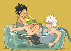 Rule 34 | 2boys, bare arms, bare legs, bare shoulders, barefoot, black hair, brown eyes, camisole, commentary request, closed eyes, food, from side, full body, gon freecss, holding, hose, hunter x hunter, killua zoldyck, looking at another, male focus, mouth hold, multiple boys, open mouth, popsicle, short hair, shorts, simple background, spiked hair, toes, urando, wading pool, water, water gun, wet, white hair