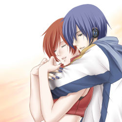 Rule 34 | 1boy, 1girl, blue coat, blue eyes, blue hair, blue nails, closed eyes, coat, commentary request, headset, hug, hug from behind, kaito (vocaloid), meiko (vocaloid), multicolored coat, nail polish, open mouth, red hair, red nails, red shirt, shirt, short hair, smile, tomo-graphy, two-tone coat, upper body, vocaloid, white coat