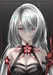 1girl absurdres acheron_(honkai:_star_rail) armor black_background blood bloody_tears body_markings breasts bright_pupils cleavage commentary hair_ornament halterneck highres honkai:_star_rail honkai_(series) junedxu large_breasts long_hair looking_down official_alternate_color outline parted_lips red_eyes red_outline shoulder_armor solo white_hair white_pupils