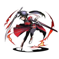 Rule 34 | 10s, 1girl, ankle ribbon, black hair, black pants, divine gate, dress, earrings, full body, hair ornament, himezuru (divine gate), holding, holding sword, holding weapon, jewelry, leg ribbon, long hair, looking at viewer, official art, pants, pants under dress, red dress, red eyes, red ribbon, ribbon, sheath, sheathed, smile, solo, sword, transparent background, ucmm, unsheathed, weapon
