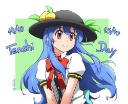 Rule 34 | black hat, blue hair, bow, bowtie, center frills, closed mouth, collared shirt, commentary, eyelashes, frills, hat, highres, hinanawi tenshi, peach hat ornament, puffy short sleeves, puffy sleeves, rakkidei, red bow, red bowtie, red eyes, shirt, short sleeves, smile, sun hat, touhou, upper body