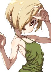 Rule 34 | 1girl, bare shoulders, blonde hair, blush, breasts, dress, ear piercing, green dress, hair over one eye, halterneck, highres, idolmaster, idolmaster cinderella girls, looking at viewer, open mouth, piercing, shirasaka koume, short hair, simple background, skinny, small breasts, solo, tamon (pixiv 96658592), upper body, white background, yellow eyes
