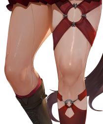 Rule 34 | 1girl, belt, boots, commentary request, dokomon, head out of frame, highres, horse girl, horse tail, korean commentary, nice nature (umamusume), simple background, socks, solo, sweat, tail, thighs, umamusume, white background