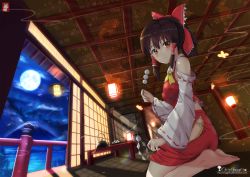 Rule 34 | 1girl, artist name, ascot, bad id, bad pixiv id, barefoot, bow, brown hair, ceiling, chinchongcha, cup, dango, detached sleeves, dutch angle, food, from below, full moon, gohei, hair bow, hair tubes, hakurei reimu, hanging scroll, highres, hip vent, indoors, lake, lamp, light smile, light trail, looking at viewer, mochi, moon, mountain, night, orange eyes, plate, ponytail, red skirt, red vest, ribbon-trimmed sleeves, ribbon trim, scroll, seiza, shadow, shooting star, short hair, sitting, skewer, skirt, skirt set, sky, sliding doors, solo, star (sky), starry sky, table, teapot, touhou, vest, wagashi, watermark, web address, yellow ascot, yunomi