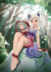 Rule 34 | 1girl, absurdres, ailu elf, animal ears, bare legs, barefoot, blush, chinese commentary, collarbone, dog ears, dog tail, fang, bear trap, grey hair, highres, legs, mitsugashira enoko, multiple tails, open mouth, pink skirt, purple shirt, red eyes, rock, shirt, short hair, sitting, skin fang, skirt, solo, tail, touhou, tree