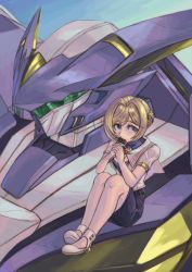 Rule 34 | 1girl, black skirt, blonde hair, blue eyes, breasts, candy, chocolate, chocolate bar, cleavage, coustwell, food, hair intakes, hands up, holding, holding chocolate, holding food, mecha, melua melna meia, miniskirt, robot, shoes, short hair, short sleeves, sitting, skirt, small breasts, super robot wars, super robot wars judgement, swept bangs, vaison, white footwear