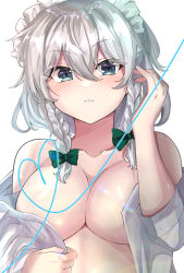 Rule 34 | 1girl, absurdres, blue eyes, bow, braid, breasts, closed mouth, collarbone, commentary, green bow, hair bow, heart, heart of string, highres, izayoi sakuya, large breasts, light frown, looking at viewer, maid headdress, momo ga suki desu, naked shirt, no bra, partially undressed, shirt, short hair, simple background, solo, touhou, twin braids, upper body, white background, white hair, white shirt