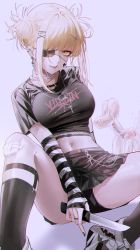 Rule 34 | 1girl, absurdres, alternate costume, ass, bad id, bad pixiv id, bandaged neck, bandages, bandaid, bandaid on knee, bandaid on leg, black nails, black panties, black socks, blonde hair, blunt bangs, boku no hero academia, breasts, commentary request, crop top, double bun, eyepatch, fang, gloves, hair bun, hair ornament, hairclip, highres, holding, holding knife, karapp0, kneehighs, knife, large breasts, looking at viewer, messy hair, miniskirt, nail polish, navel, panties, shoes, short hair, short sleeves, sitting, skirt, smile, socks, solo, spread legs, stomach, striped clothes, striped gloves, toga himiko, tongue, tongue out, underwear, x hair ornament, yellow eyes
