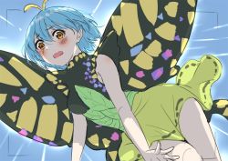 Rule 34 | 1girl, antennae, aqua hair, bad anatomy, bad hands, blush, butterfly wings, dress, eternity larva, fairy, green dress, hair between eyes, insect wings, multicolored clothes, multicolored dress, one-hour drawing challenge, open mouth, orange eyes, short hair, single strap, solo, touhou, tsukiman, wings