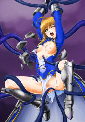 Rule 34 | 1girl, ahoge, armor, artoria pendragon (fate), blonde hair, breasts, fate/stay night, fate (series), greaves, green eyes, highres, nipples, no pussy, parupu (takumx3), rape, saber (fate), solo, takumx3, tentacles, torn clothes, undressing, wince