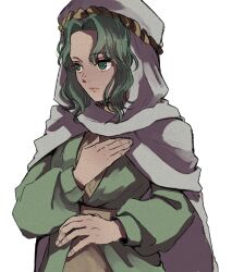 Rule 34 | 1girl, cape, chikefu, dress, fire emblem, fire emblem: thracia 776, green dress, green eyes, green hair, hand on own chest, highres, hood, looking to the side, medium hair, nintendo, safy (fire emblem), simple background, solo, white cape