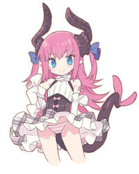 Rule 34 | 1girl, bare shoulders, blade (galaxist), blue eyes, blue ribbon, blush, bow, closed mouth, cropped legs, curled horns, detached sleeves, dragon girl, dragon horns, dragon tail, elizabeth bathory (fate), elizabeth bathory (fate/extra ccc), elizabeth bathory (second ascension) (fate), fate/extra, fate/extra ccc, fate (series), grey skirt, hair between eyes, hair ribbon, hand on own hip, horns, long hair, long sleeves, panties, pink bow, pink hair, pleated skirt, pointy ears, ribbon, shirt, simple background, skirt, sleeveless, sleeveless shirt, smile, solo, striped clothes, striped panties, tail, two side up, underwear, very long hair, white background, white shirt, white sleeves