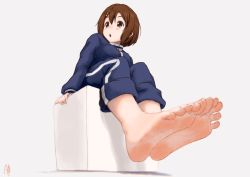 Rule 34 | arm support, barefoot, breasts, brown eyes, brown hair, commentary request, feet, foot focus, foreshortening, grey background, gym uniform, hair between eyes, hair ornament, hairclip, highres, hirasawa yui, jacket, k-on!, looking to the side, medium breasts, medium hair, open mouth, shadow, sidelocks, signature, sitting, soles, toes, track jacket, track suit, yukkuri bitto