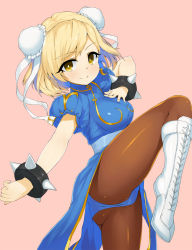 Rule 34 | 1girl, ass, bad id, bad pixiv id, blonde hair, boots, bracelet, breasts, brown eyes, brown pantyhose, bun cover, capcom, china dress, chinese clothes, chun-li, chun-li (cosplay), cosplay, cross-laced footwear, djeeta (granblue fantasy), double bun, dress, female focus, fighting stance, granblue fantasy, hair bun, jewelry, knee boots, large breasts, leg up, long hair, looking at viewer, pantyhose, pelvic curtain, pink background, puffy short sleeves, puffy sleeves, short hair, short sleeves, side slit, simple background, smile, solo, spiked bracelet, spikes, street fighter, tear tear0320, white footwear, yellow eyes
