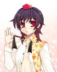Rule 34 | 1girl, alternate hairstyle, black hair, blush, expressionless, female focus, gradient hair, hat, leaf print, looking at viewer, multicolored hair, open clothes, open shirt, red eyes, red hair, shameimaru aya, shirt, short hair, solo, takadoya, tokin hat, touhou, undressing, untied