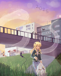 2025 2girls absurdres bag black_hair black_tail blonde_hair blue_pants bridge broken_horn building can character_request chinese_zodiac closed_eyes demon_girl demon_tail denim dog drink_can evening gradient_sky grass green_jacket highres holding holding_bag horns jacket jeans leash lilith_(machikado_mazoku) machikado_mazoku multiple_girls orange_sky outdoors pants partially_unzipped pointy_ears purple_sky railing sky tail torn_clothes torn_jeans torn_pants walking year_of_the_snake yunoppi