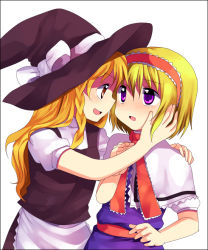 Rule 34 | 2girls, alice margatroid, blonde hair, blue dress, blush, braid, capelet, dress, embarrassed, eye contact, female focus, hairband, hand on another&#039;s face, happy, hat, hat ribbon, hug, imminent kiss, kirisame marisa, long hair, looking at another, multiple girls, naughty face, open mouth, purple eyes, red eyes, ribbon, short hair, shy, single braid, smile, subaru (yachika), touhou, witch, witch hat, yuri