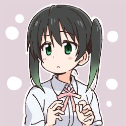 Rule 34 | 1girl, :&lt;, black hair, blouse, blush stickers, bow, closed mouth, collared shirt, dress shirt, gradient hair, green eyes, green hair, grey background, hair between eyes, hands up, looking at viewer, love live!, love live! nijigasaki high school idol club, multicolored hair, nekotoufu, outline, pink bow, shirt, short sleeves, solo, takasaki yu, twintails, upper body, white outline, white shirt