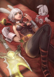 Rule 34 | 1girl, animal ears, battle bunny riven, breasts, broken, broken sword, broken weapon, carrot, chocolate on body, chocolate on breasts, cleavage, cup, detached collar, fake animal ears, gloves, goomrrat, large breasts, league of legends, leotard, looking at viewer, lying, necktie, on back, pantyhose, playboy bunny, rabbit ears, riven (league of legends), short hair, silver hair, single glove, solo, stuffed animal, stuffed rabbit, stuffed toy, sword, weapon, yellow eyes
