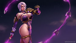 Rule 34 | armor, bare shoulders, breasts, cleavage, commentary, curvy, english commentary, gauntlets, glowing, glowing weapon, hair over one eye, hip focus, holding, holding sword, holding weapon, isabella valentine, large breasts, lipstick, makeup, navel, pauldrons, pinup (style), purple legwear, raphire, red lips, revealing clothes, short hair, shoulder armor, sideboob, single gauntlet, soul calibur, stomach, sword, thick thighs, thighs, underboob, weapon, whip, whip sword, white hair, wide hips