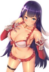 Rule 34 | 1girl, absurdres, bikini, blue eyes, blush, breasts, choker, cleavage, closed mouth, clyde s, collarbone, cross, earrings, elbow gloves, fate/grand order, fate (series), frilled bikini, frills, gauntlets, gloves, hair ornament, hands up, has bad revision, has downscaled revision, highres, jewelry, large breasts, long hair, looking at viewer, martha (fate), martha (swimsuit ruler) (fate), martha (swimsuit ruler) (third ascension) (fate), md5 mismatch, navel, purple hair, red gloves, resolution mismatch, shiny skin, simple background, solo, source smaller, standing, stomach, swimsuit, thigh strap, very long hair, white background, white bikini, white choker