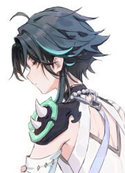 Rule 34 | 1boy, aamoooon e, arm tattoo, armor, bead necklace, beads, black hair, blue hair, closed mouth, commentary, detached sleeves, english commentary, genshin impact, highres, jewelry, male focus, multicolored hair, necklace, orange eyes, profile, simple background, solo, spikes, tattoo, upper body, white background, xiao (genshin impact)