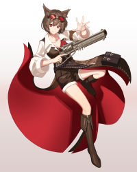 Rule 34 | 1girl, animal ears, warrior of light (ff14), bad id, bad pixiv id, boots, brown hair, cat ears, character request, fictional persona, final fantasy, final fantasy xiv, full body, goggles, goggles on head, gradient background, grey background, gun, handgun, highres, holding, holding gun, holding weapon, looking at viewer, red eyes, revolver, short hair, shorts, solo, tsuki-shigure, weapon, white background