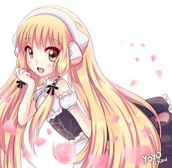 Rule 34 | 00s, 1girl, artist name, blonde hair, blurry, brown eyes, chii, chobits, collar, depth of field, dress, from side, hair ribbon, hair tubes, long hair, open mouth, petals, ribbon, robot ears, smile, solo, strapless, strapless dress, twintails, very long hair, yoyochaan