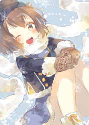 Rule 34 | 10s, 1girl, absurdres, brown hair, coat, gloves, hat, highres, kantai collection, one eye closed, open mouth, scarf, short hair, smile, solo, yukikaze (kancolle), zuho, zuho (vega)