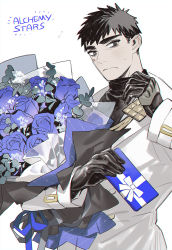 Rule 34 | 1boy, alchemy stars, black gloves, black hair, blush, bouquet, box, facial scar, flower, formal, gift, gift box, gloves, holding, holding bouquet, holding gift, looking at viewer, male focus, pittman (alchemy stars), scar, scar on cheek, scar on face, shishio (shishio5431), short hair, solo, suit, sweatdrop, thick eyebrows, upper body, white background, white suit