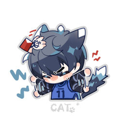 Rule 34 | 1boy, animal ears, annoyed, black hair, blue lock, blue shirt, blush, cat boy, cat ears, cat tail, chibi, chinese commentary, closed eyes, commentary request, hand tattoo, headpat, isagi yoichi, jersey, kemonomimi mode, male focus, michael kaiser, shirt, short hair, simple background, soccer uniform, sportswear, tail, tattoo, tong jun, upper body, waving arms, white background