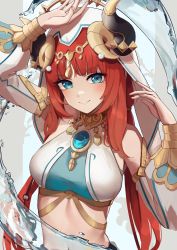 Rule 34 | 1girl, absurdres, aqua eyes, arm up, bare shoulders, blush, breasts, brooch, circlet, crop top, dancer, genshin impact, gold trim, highres, horns, jewelry, long hair, long sleeves, looking at viewer, low twintails, medium breasts, navel, neck ring, nilou (genshin impact), parted bangs, pomerui, puffy long sleeves, puffy sleeves, red hair, shirt, simple background, stomach, twintails, upper body, vambraces, veil, water, white background, white shirt, white sleeves