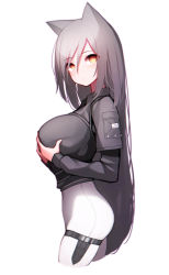Rule 34 | 1girl, absurdres, arknights, beudelb, black shirt, breasts squeezed together, breasts, commentary, cowboy shot, cropped legs, female focus, from side, grabbing own breast, hair between eyes, highres, korean commentary, large breasts, long hair, looking at viewer, no tail, official alternate costume, pantyhose, schwarz (arknights), schwarz (skyline) (arknights), shirt, simple background, skindentation, solo, thigh strap, very long hair, white background, white pantyhose, yellow eyes