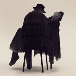 Rule 34 | 1boy, 1girl, bloodborne, carrying, chair, closed mouth, dress, facing up, from behind, gehrman the first hunter, grey background, hat, jacket, long sleeves, mi (scissortropical), pants, plain doll, princess carry, shoes, sitting, torn clothes, torn pants