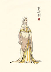 Rule 34 | 1girl, adapted costume, artist name, beige background, breasts, chinese clothes, cleavage, closed mouth, concept art, copyright name, fate/grand order, fate (series), full body, hands in opposite sleeves, hanfu, highres, irisviel von einzbern, logo, long hair, long sleeves, red eyes, ribbon, robe, sash, see-through, shawl, simple background, smile, solo, standing, very long hair, white hair, white robe, wide sleeves, zerocastle